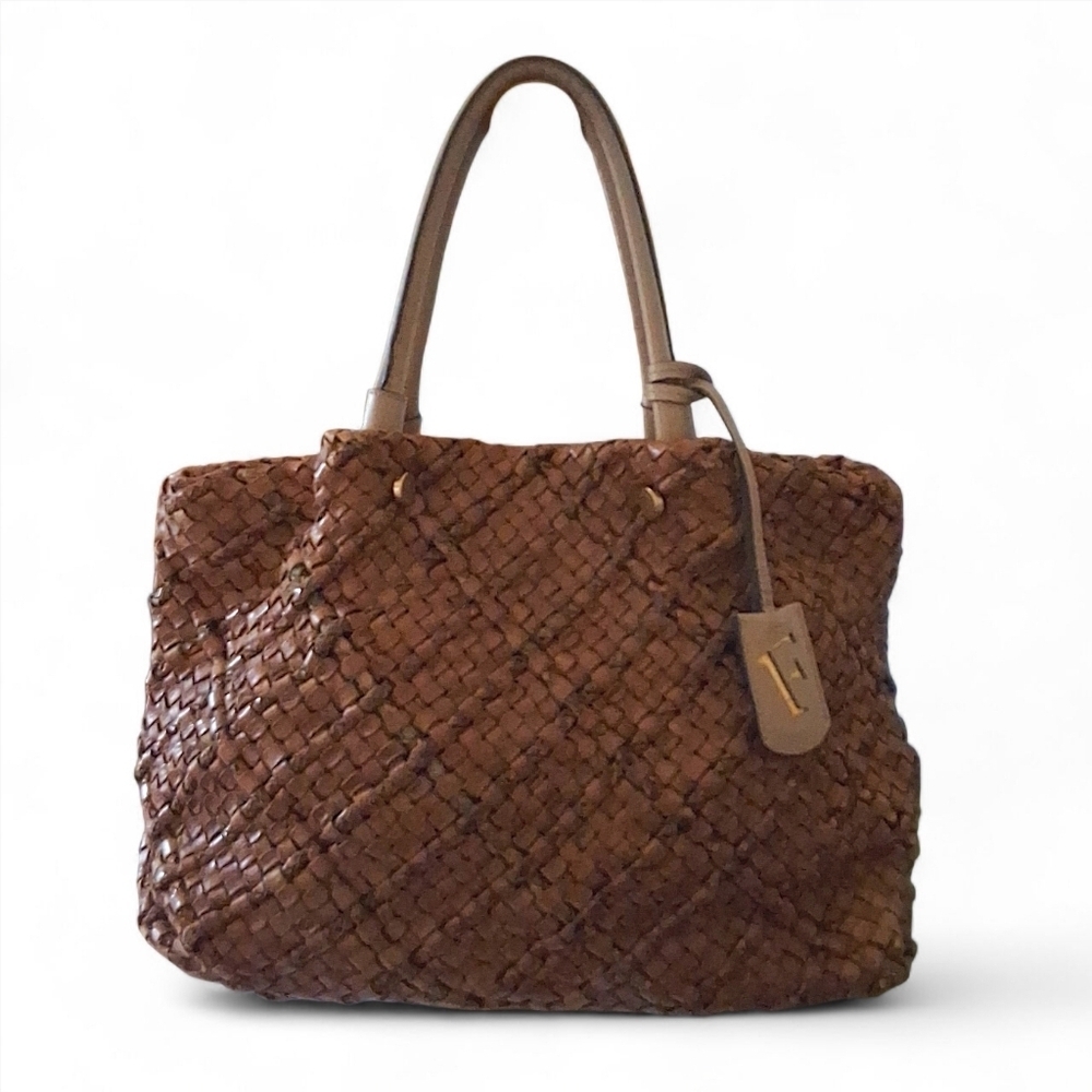 Furla Woven Leather Tote Bag Made in Italy | Cognac Brown Vintage
